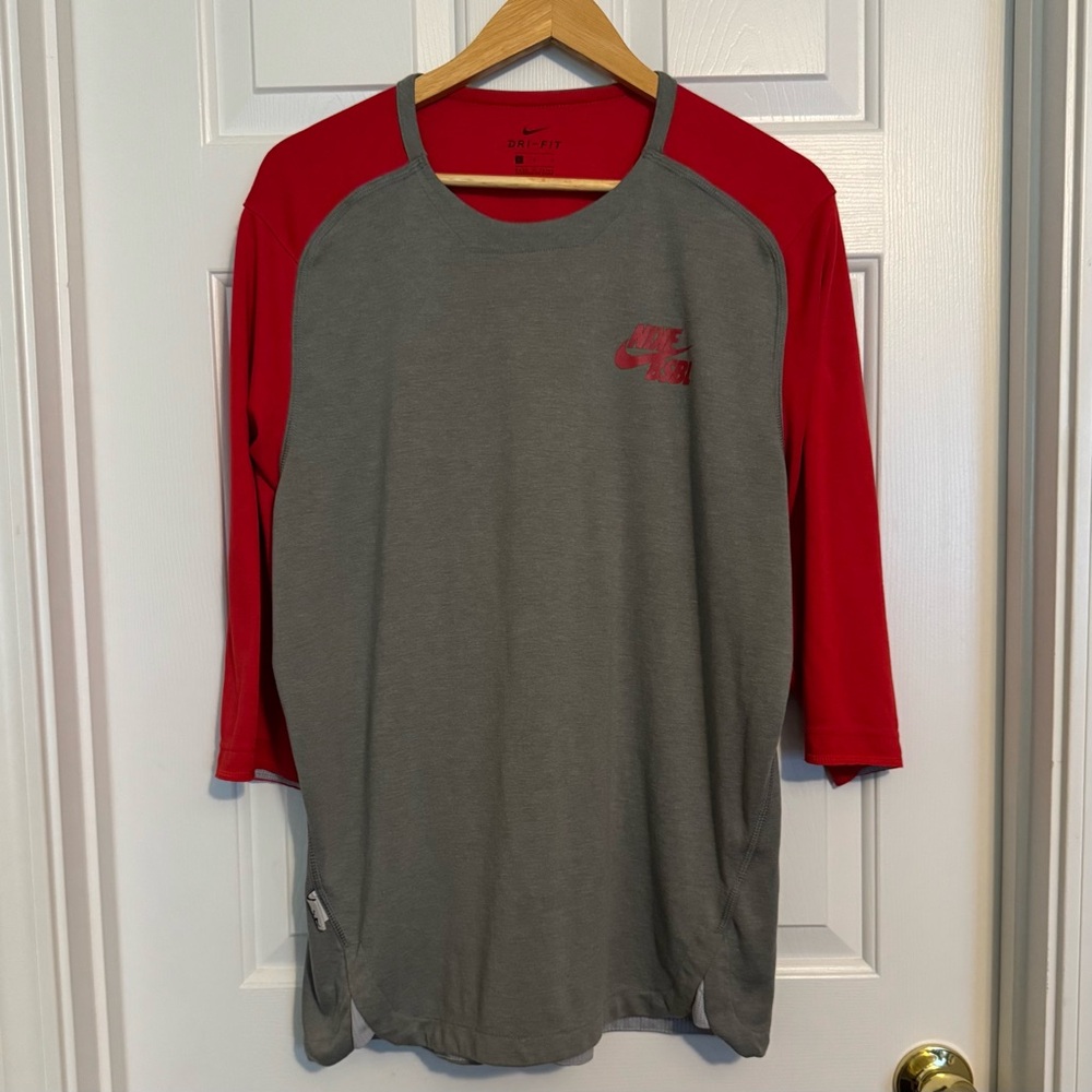 Nike Shirt Mens L Red Gray‎ BSBL Baseball Dri Fit Shirt 3/4 Sleeves Pullover